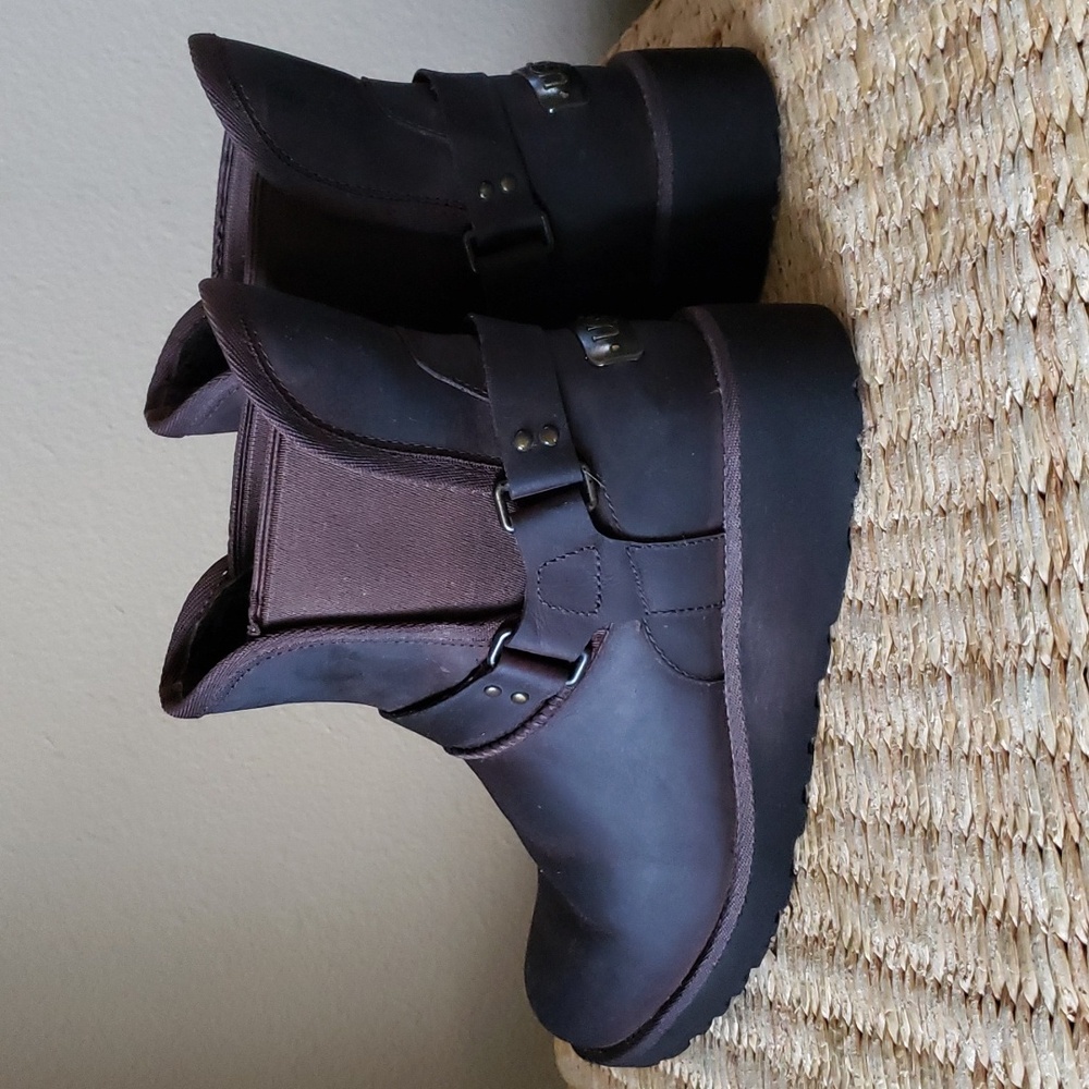 UGG Glen Brown Leather Harness Biker Ankle Motto Wedge Shearling Boots 6 
